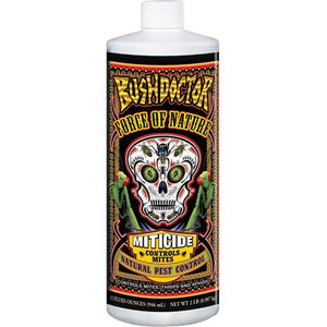 Bush Doctor Force of Nature 32oz bottle with colorful skull, mantis, and insect label for natural pest control.