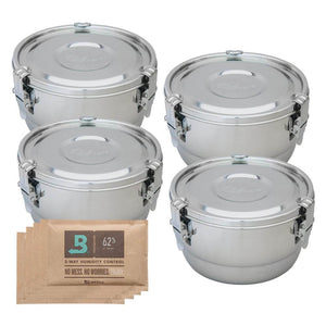 Four round, silver stainless steel storage canisters with locking lids and four Boveda 62% humidity control packs.