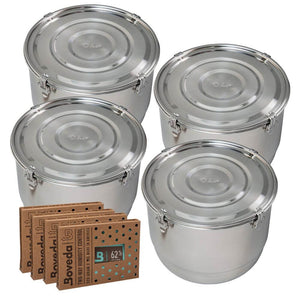 Four stainless steel storage canisters with latch lids paired with four Boveda 62% humidity control packs.