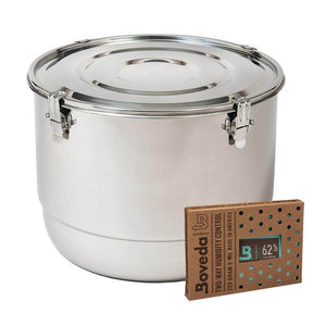 Stainless steel storage canister with locking lid next to a 320g Boveda 62% two-way humidity control pack.