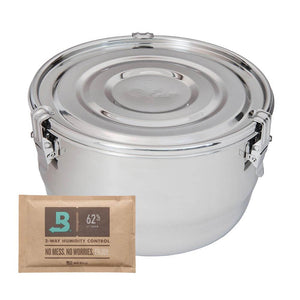 Stainless steel canister with latch-locking lid next to a Boveda 62% humidity control packet.