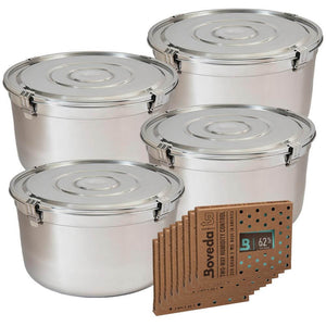 Three stainless steel storage containers with clamped lids and a fan of five Boveda 62% humidity control packs.