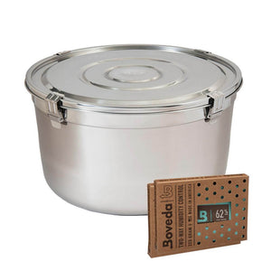 Stainless steel storage container with locking lid and two 62% Boveda humidity control packs.