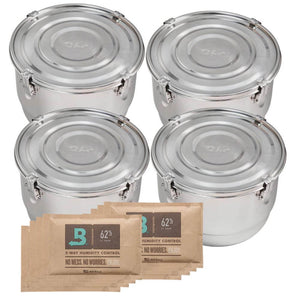 Four stainless steel airtight storage canisters with locking lids and several 62% humidity control packets.