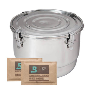 Stainless steel storage canister with locking lid, shown with two 62% Boveda humidity control packs in front.