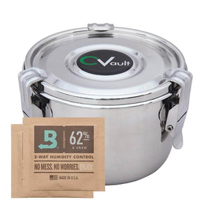 Stainless steel CVault storage container with a latch-lid and an 8g 62% Boveda humidity control pack.