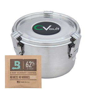 Stainless steel CVault storage container with latch-sealed lid and a 62% Boveda humidity control pack.