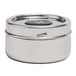 Stainless steel CVault storage container with a polished finish and lid logo, shown from a side angle.
