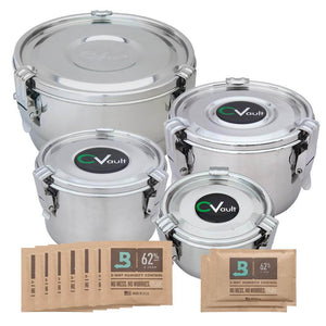 Three stainless steel CVault storage containers with latch lids and accompanying 62% humidity control packs.