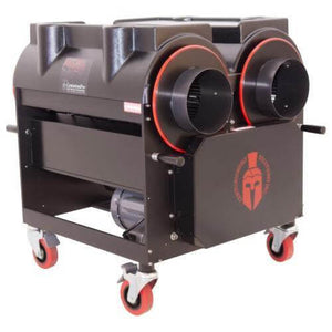 CenturionPro Gladiator wet trimming machine in black metal with two large intake fans, red accents, and four rolling casters.