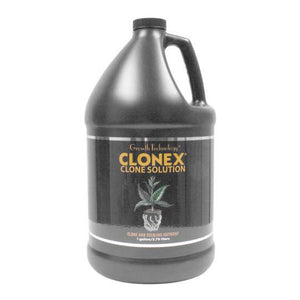 One-gallon black plastic jug of Clonex nutrient with a handle and black cap, set against a white background.