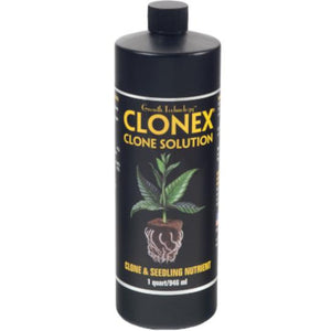 A black 1-quart bottle of Clone Solution with a graphic of a green seedling in a rooting plug on the label.
