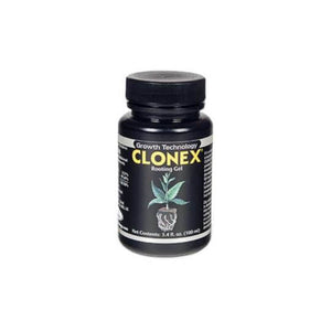 Black 100ml bottle of Clonex rooting gel with a black screw cap, featuring a plant illustration on the label.