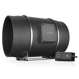 Matte black inline duct fan with mounted controller on a metal stand, isolated on a white background.