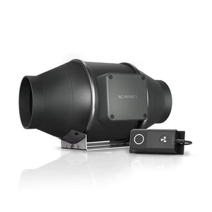 Black AC Infinity inline duct fan with mounted metal bracket and detached wired speed controller on white background.