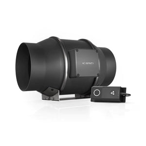 Black AC Infinity inline duct fan on a metal mounting bracket with a wired digital speed controller.