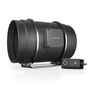 Matte black cylindrical inline duct fan with AC Infinity logo on the side and a separate corded control unit.