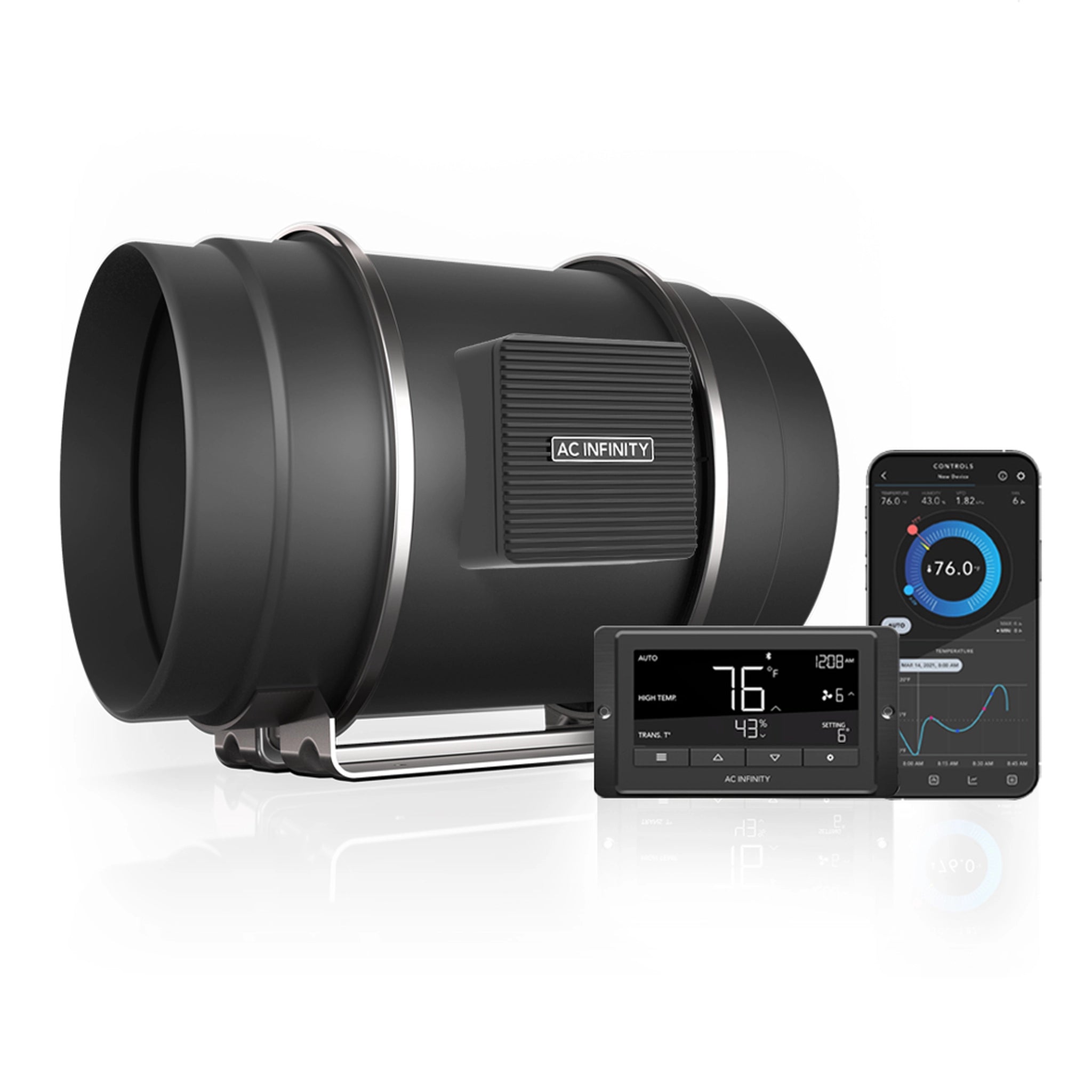 Black AC Infinity inline duct fan with digital controller and smartphone app showing climate monitoring interface.