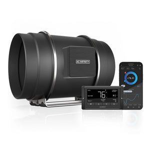 Black AC Infinity inline duct fan with digital controller and smartphone app showing climate monitoring interface.