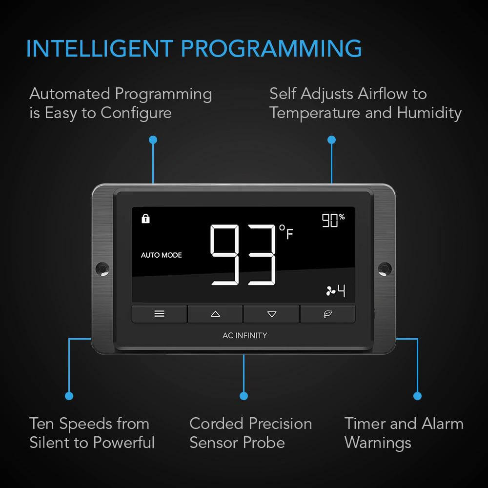 AC Infinity digital controller display showing 93°F and 90% humidity with labeled features for airflow control.