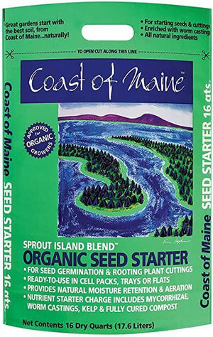 Green 16-quart bag of organic seed starter mix with a coastal illustration, featuring worm castings and mycorrhizae.