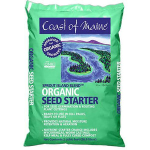 A 2 cubic foot green bag of Coast of Maine organic seed starter mix with an illustrated coastal scene.