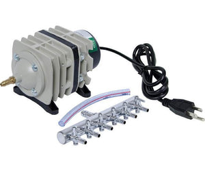 Gray metal air pump with power cord, clear tubing, and a chrome 8-outlet manifold on a white background.