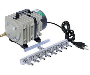 Industrial air pump with handle, power cord, tubing, and a chrome-plated 8-outlet manifold on a white background.