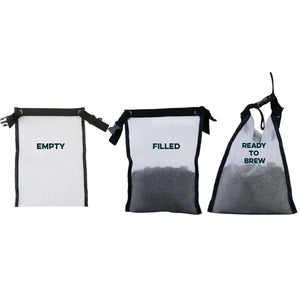 Three mesh filter bags labeled Empty, Filled, and Ready to Brew with black buckle closures on a white background.