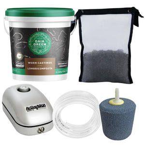 Gaia Green worm castings bucket, filter bag, Active Aqua air pump, clear tubing, and a blue air stone.
