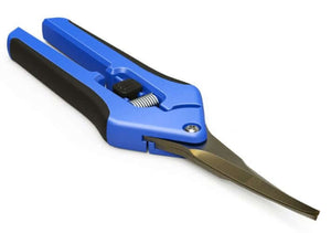 Blue and black pruning shears with a curved, pointed metal blade and a spring-loaded locking mechanism.