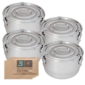 Four round, stainless steel airtight storage canisters with latch lids and four 62% humidity control packs.