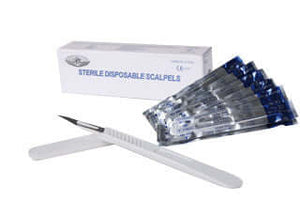 A white box, a single unpacked scalpel, and a fan of sealed, individual sterile disposable scalpel wrappers.