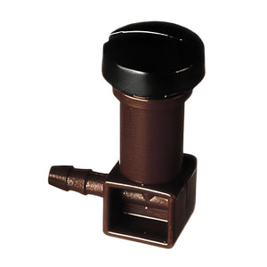 Brown irrigation drip emitter with a black adjustable top and a barbed side inlet for tubing, isolated on white.