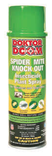 Green aerosol can of Doktor Doom Spider Mite Knock Out insecticide spray with plant pest imagery on label.