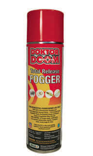 Red Doktor Doom Total Release Fogger canister with yellow label, text, and insect icons on a white background.