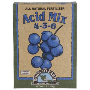 A 5lb box of Acid Mix 4-3-6 fertilizer with a brown label, blue text, and an illustration of blue blueberries.