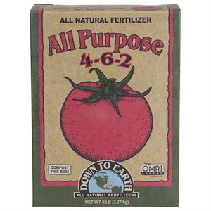 Box of Down To Earth 4-6-2 all-purpose fertilizer with a red tomato graphic on a tan and green background.