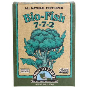Brown 5lb box of Down To Earth Bio-Fish 7-7-2 fertilizer with a teal broccoli illustration on the front.
