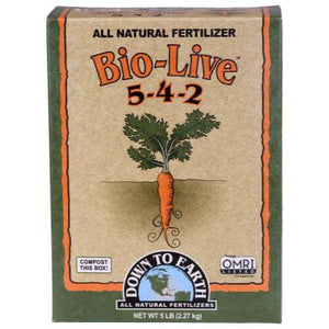 Front view of a 5lb Bio-Live fertilizer box featuring a carrot illustration, orange text, and green borders.