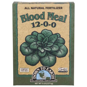 Brown 5lb box of Down To Earth organic 12-0-0 blood meal fertilizer with green leafy graphic and OMRI listed logo.