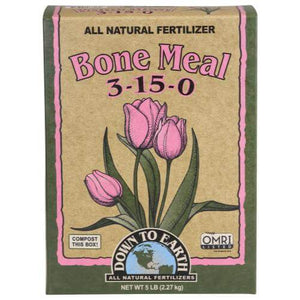 Front view of 5lb Down To Earth Bone Meal 3-15-0 cardboard fertilizer box featuring pink tulip illustrations.