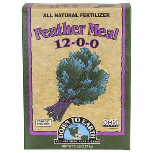 5lb box of Down To Earth Feather Meal 12-0-0 fertilizer with kale illustration on tan and green packaging.