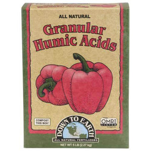 5 lb box of Down To Earth Granular Humic Acids featuring red bell pepper graphics and OMRI Listed certification.