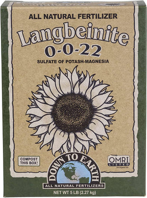 5lb box of Down To Earth Langbeinite 0-0-22 fertilizer with a sunflower illustration on a tan background.