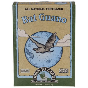 2lb box of Down To Earth Bat Guano fertilizer with a blue moon and bat illustration on a tan background.