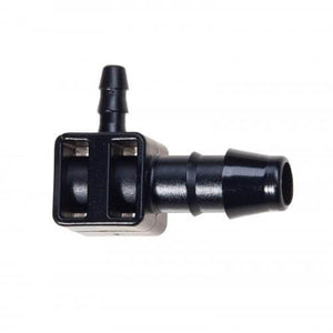 Black plastic L-shaped irrigation elbow fitting with barbed ends on a white background.