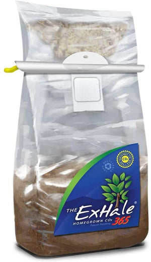 Clear bag of CO2 generating substrate with a white clip, blue and green brand label, and a yellow tab.
