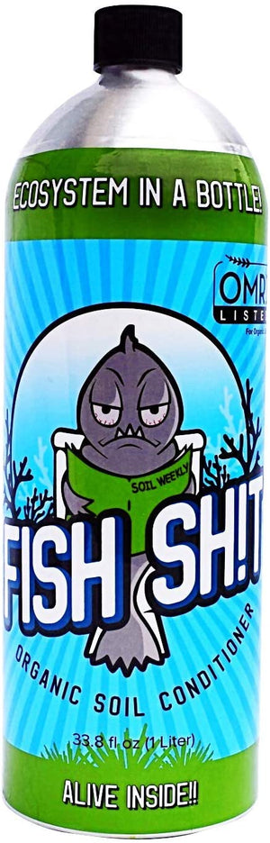 1-liter bottle of Fish Sh!t organic soil conditioner with a cartoon fish on a light blue and green label.