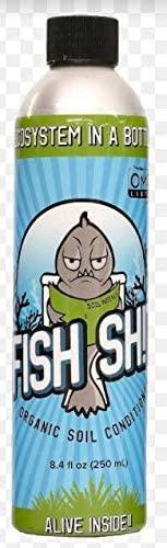 8.4 fl oz bottle of organic soil conditioner with a cartoon fish reading a book and light blue striped background.